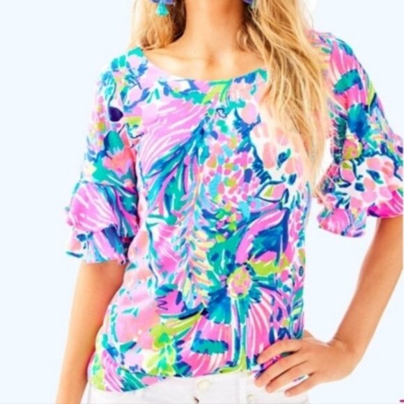Lilly Pulitzer Lula Ruffle Sleeve Top in Gumbo Limbo Size Small - Picture 1 of 7